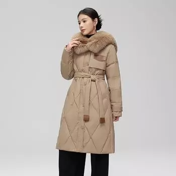 Зимняя куртка-пуховик для женщин Длинный стиль Большой меховой воротник Тонкая талия Белая куртка-пуховик из утиного пуха M хаки