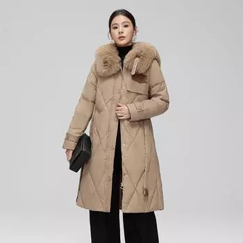 Зимняя куртка-пуховик для женщин Длинный стиль Большой меховой воротник Тонкая талия Белая куртка-пуховик из утиного пуха M хаки