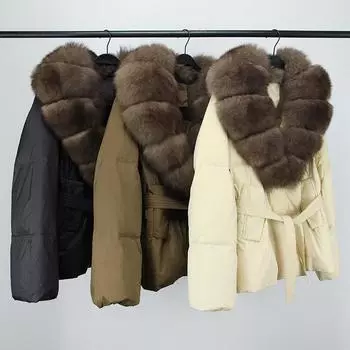 Зимняя куртка-пуховик для женщин с капюшоном из лисьего меха, толстая теплая белая утиная пуховая куртка, женская парка, водонепроницаемая L