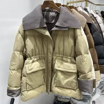 Зимняя куртка-пуховик контрастного цвета для женщин 2024 года, средняя и длинная, на белом утином пуху, с большим лацканом, свободная талия и тонкая куртка average size, recommended within 75kg бежевый