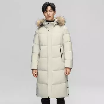 Зимняя куртка-пуховик мужская длинная выше колена утолщенная теплая куртка с капюшоном пара M белый