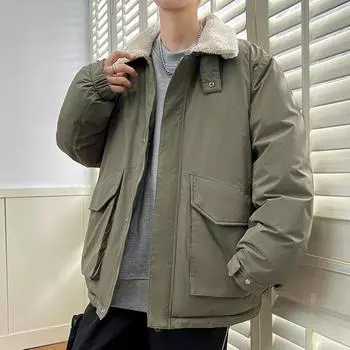 Зимняя куртка-пуховик мужская с лацканами из овечьего пуха, короткая, с толстыми лацканами M чёрный