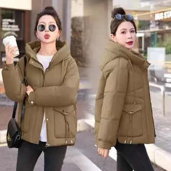 Зимняя куртка-пуховик с хлопковой подкладкой, женская короткая утолщенная куртка с хлопковой подкладкой, с капюшоном, тонкая и узкая куртка с большим карманом на хлопковой подкладке M белый