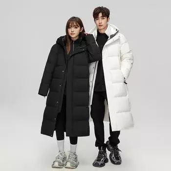 Зимняя куртка-пуховик с капюшоном для студентов, универсальная куртка-пуховик для мужчин и женщин с одинаковым 50% белым утиным пухом, теплая куртка до колена S белый