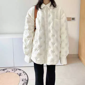 Зимняя куртка-пуховик с воротником-рубашкой, модная, 90% белый утиный пух, прессованный клей, легкая, средняя и длинная куртка корейского стиля, женская одежда S чёрный