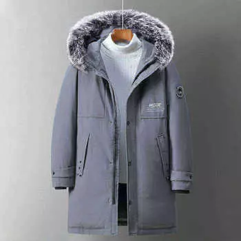 Зимняя куртка-пуховик средней и длинной длины с капюшоном и большим меховым воротником, мужская, плотная белая утка M чёрный