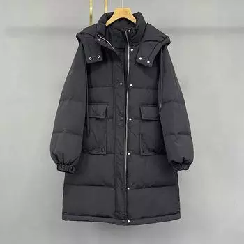 Зимняя куртка-пуховик женская 2024 года, новая корейская версия, средняя и длинная, выше колена, свободная, с капюшоном, утолщенная, белая, пуховая куртка Tide one size fits all фиолетовый