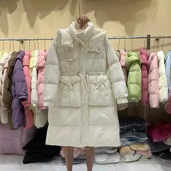 Зимняя куртка-пуховик женская 2024 года, новая, средняя и длинная, с капюшоном, маленькая белая, теплая куртка на утином пуху S розовый