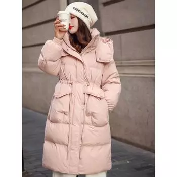 Зимняя куртка-пуховик женская 2025 года, новая средняя и длинная белая куртка на утином пуху с карманами на талии и тонкими коленями S [Recommended weight 90-120]