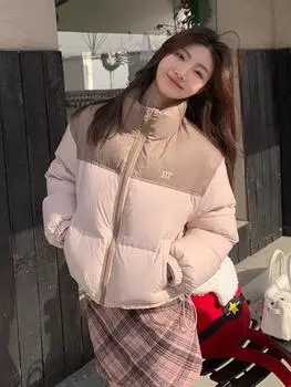 Зимняя куртка-пуховик женская короткая новая куртка маленького размера утолщенная свободная в тон куртка с воротником-стойкой S (80-60kg can be worn) розовый