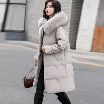 Зимняя куртка-пуховик женская средняя и длинная модная выше колена тонкая и узкая белая теплая куртка на утином пуху прилив M size 120-75kg