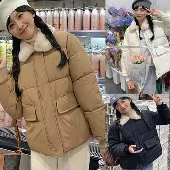 Зимняя куртка пуховик женский чистый цвет женский зимний плюшевый бархатный лацкан толстый хлопок-подбитая одежда зимняя куртка S чёрный