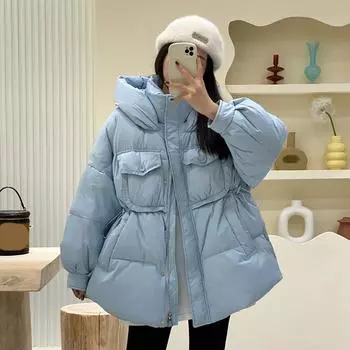 Зимняя куртка с капюшоном и поясом, женская длинная белая утиная куртка One Size зелёный