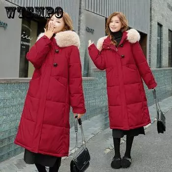Зимняя куртка с роговой пряжкой, женская теплая и толстая пуховая куртка из чистого хлопка, длинная парка с большим меховым воротником, женская свободная куртка XL