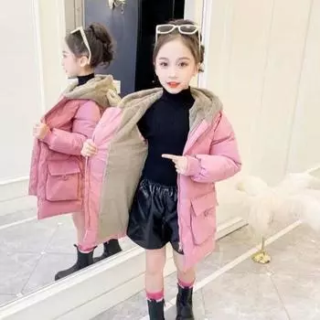 Зимняя куртка средней длины для девочек, толстая, с капюшоном, с медвежьими ушками, в стиле вестерн, стеганая куртка 170 красный