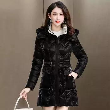 Зимняя куртка средней длины с пуховым наполнителем, женская куртка с тонкой талией, женская модная толстая теплая куртка с наполнителем 5XL чёрный