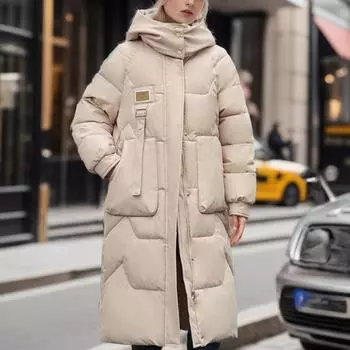 Зимняя куртка средней и длинной длины с капюшоном из хлопка, женская толстая выше колена, водонепроницаемая парка, пальто с капюшоном и большим карманом M чёрный