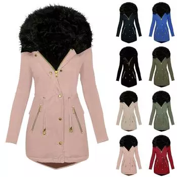 Зимняя куртка-стеганая с капюшоном-молнией и искусственной отделкой S тёмно-синий