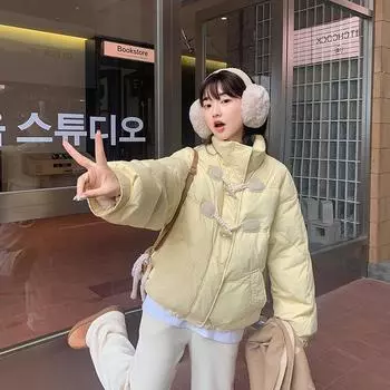 Зимняя куртка женская новая теплая толстая однотонная короткая стильная парка с хлопковой подкладкой пальто с воротником-стойкой зимняя одежда M светло-желтого