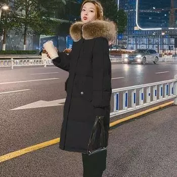 Зимняя куртка, женская парка с большим меховым воротником и капюшоном, толстое теплое длинное женское пальто, повседневная верхняя одежда, пуховая хлопковая куртка, парки L чёрный