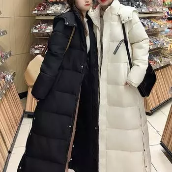 Зимняя куртка женская X-длинная утепленная пуховая куртка с капюшоном прямая элегантная верхняя одежда 2022 корейская мода женские парки S чёрный