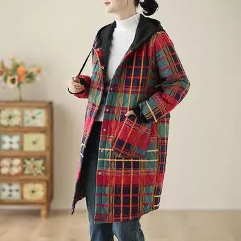 Зимняя литературная куртка больших размеров свободного покроя с капюшоном в клетку для женщин средней и длинной длины M