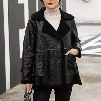 Зимняя меховая цельнокроеная куртка из утолщенной кожи с бархатом для женщин, воротник-стойка, модная и свободная женская куртка нового стиля L