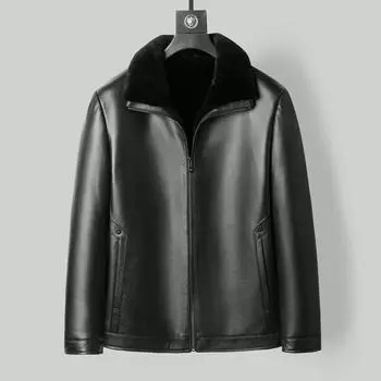 Зимняя меховая интегрированная шерстяная подкладка из овчины, натуральная кожа, мужская шуба средней длины для папы L чёрный