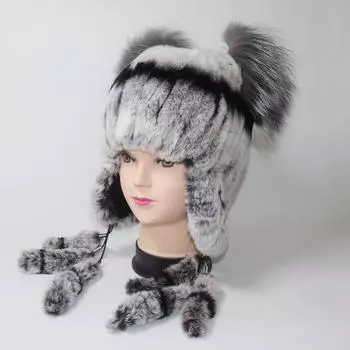 Зимняя меховая шапка для женщин, шапка с ушками из натурального меха кролика рекс, русские женские шапки-бомберы, шапки-ловушки, шапка из лисьего меха Good elasticity 52cm-60cm серый/чёрный