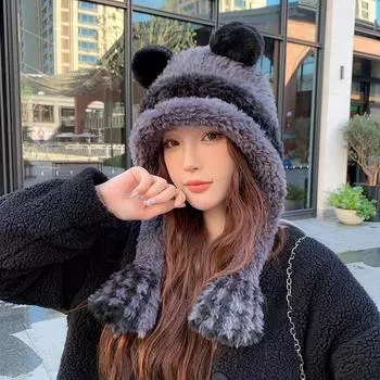 Зимняя милая плюшевая шапка с изображением медведя, женская плюшевая защитная шапка для ушей, женский термоголовной убор из шерсти прилив чёрный
