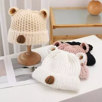 Зимняя милая шапка-медведь женская плюшевая новая вязаная шапка универсальная теплая ухозащитная утолщенная модная бархатная one size fits all хаки