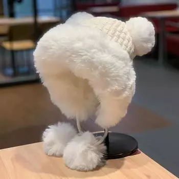 Зимняя милая шапка женская бархатная теплая толстовка с капюшоном вязаная шапка защита ушей модная женская шапка для волос one size fits all белый