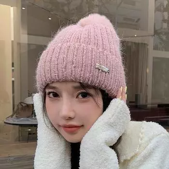 Зимняя милая шерстяная шапка с защитой от ушей из кроличьей шерсти, вязаная шапка с бархатным теплом, устойчивая к холоду для велоспорта, женская вязаная шапка One size белый