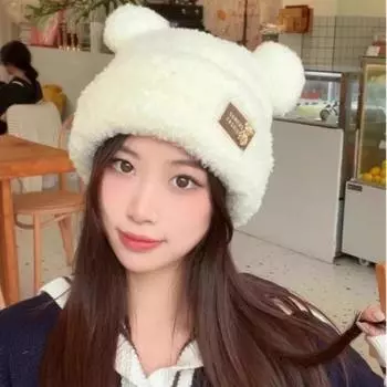 Зимняя милая теплая плюшевая утолщенная защитная шапка для ушей, вязаная шапка для школьников с мультяшными ушками медведя, шерстяная шапка one size fits all чёрный