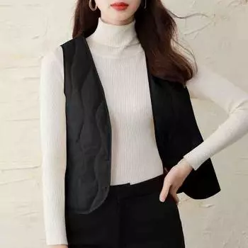 Зимняя мода 2024 года, безрукавки, жилеты с V-образным вырезом, тонкий пуховик и хлопковый жилет, куртка, пальто, женские топы J822 S чёрный