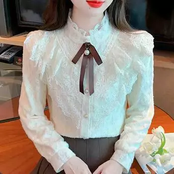 Зимняя мода 2024 года, длинная рукава, бант, воротник-стойка, оборки, абрикосовый бархат, кружевная блузка, рубашка, женские топы, блузки, рубашки J809 S абрикосовый