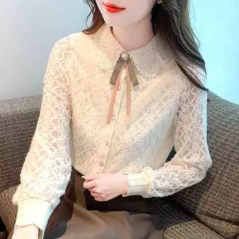 Зимняя мода 2024 года, длинная рукава, бант, отложной воротник, абрикосовый бархат, кружевная блузка, рубашка, женские топы, блузки, рубашки J772 S абрикосовый