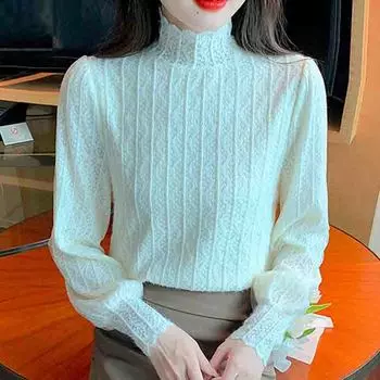 Зимняя мода 2024 года, длинная рукава, полувысокий воротник, тонкая абрикосовая бархатная кружевная блузка, рубашка, женские топы, блузки, рубашки J791 S абрикосовый