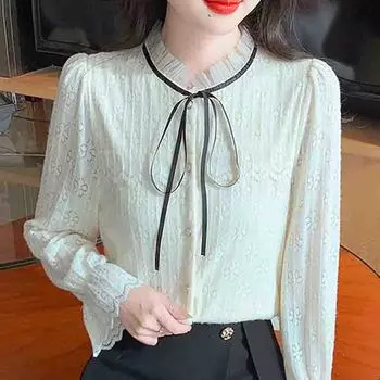 Зимняя мода 2024 года, длинная рукава, шнуровка, воротник-стойка, абрикосовая бархатная кружевная блузка, рубашка, женские топы, блузки, рубашки J811 S абрикосовый