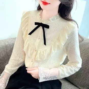 Зимняя мода 2024 года, длинный рукав, бант, оборчатый воротник, оборки, абрикосовый бархат, кружевная блузка, рубашка, женские топы, блузки, рубашки J795 S абрикосовый