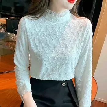 Зимняя мода 2024 года, длинный рукав, отделка бисером, воротник-стойка, тонкая бархатная кружевная блузка, рубашка, женские топы, блузки, рубашки J775 S