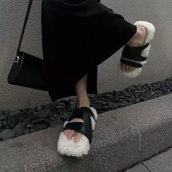 Зимняя мода 2024 года, мягкие, теплые, удобные, плоские, меховые тапочки, брендовые, дизайнерские, без застежек, лоферы, мюли, шлепанцы, повседневные, Ytmtloy, для дома 35 чёрный