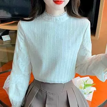 Зимняя мода 2024 года, повседневная блузка из шифона с длинным рукавом и воротником-стойкой, абрикосового цвета, женские топы, блузки, рубашки J798 S абрикосовый