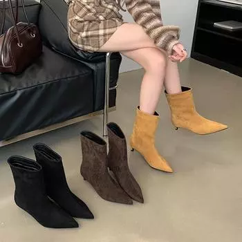 Зимняя мода 2024 года, простые женские ботинки Martin на высоком каблуке, однотонные, темпераментные, с острым носком, короткие ботинки на тонком каблуке 35 чёрный