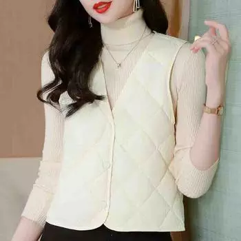 Зимняя мода 204 безрукавки жилет V-образный вырез абрикосовый черный жилеты пух и хлопок куртка пальто женские топы J824 S чёрный