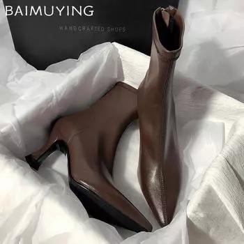 Зимняя мода Ботильоны с острым носком Элегантные туфли на высоком каблуке из кожи 2025 года Трендовые дизайнерские туфли-лодочки Гладиаторские туфли-лодочки женские 34 светло-коричневого