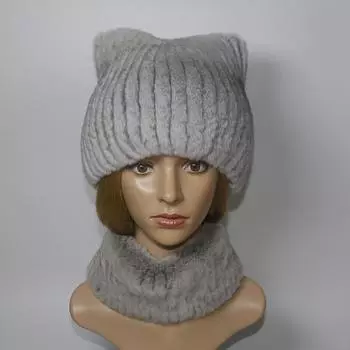 Зимняя мода для девочек, пушистая шапка из настоящего меха кролика Рекс, шарф, комплекты, теплые шапки с кошачьими ушками из настоящего меха кролика Рекс, женские шапки из натурального меха, шарфы Good elasticity серый