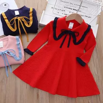 Зимняя мода для маленьких девочек, повседневное платье-свитер с длинными рукавами