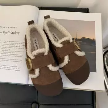 Зимняя мода круглый носок женская обувь лоферы меховые повседневные женские кроссовки неглубокие мокасины без застежек на шнуровке ретро резиновые 35 коричневый