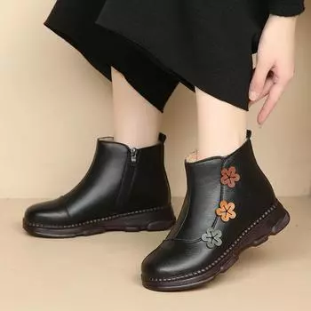 Зимняя мода натуральная кожа плюшевые теплые ботильоны женские мягкие удобные туфли на плоской подошве женские повседневные легкие хлопковые ботинки 35 чёрный